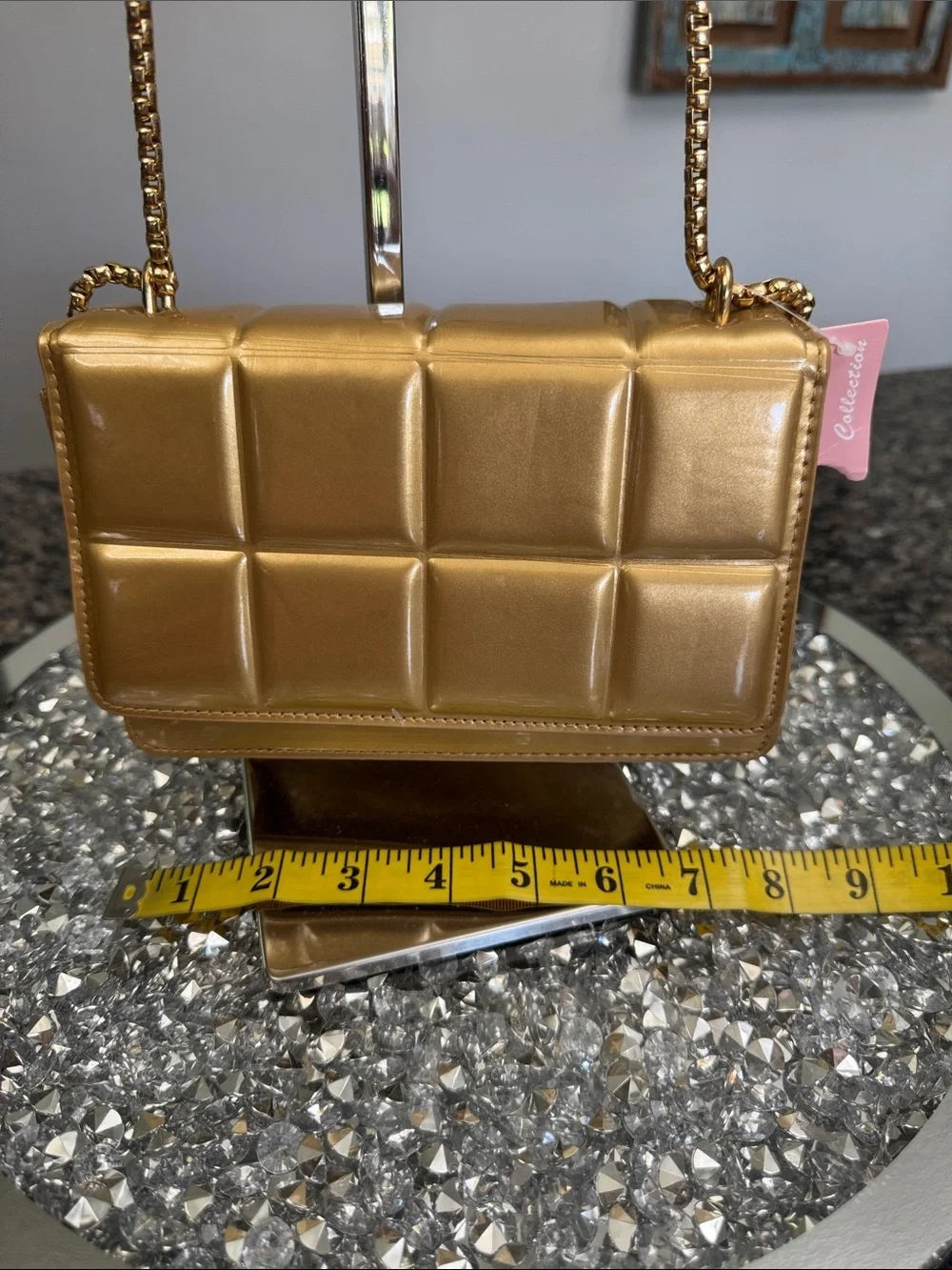 Metallic Gold Quilted shoulder clutch Bag with Chain Strap NWT